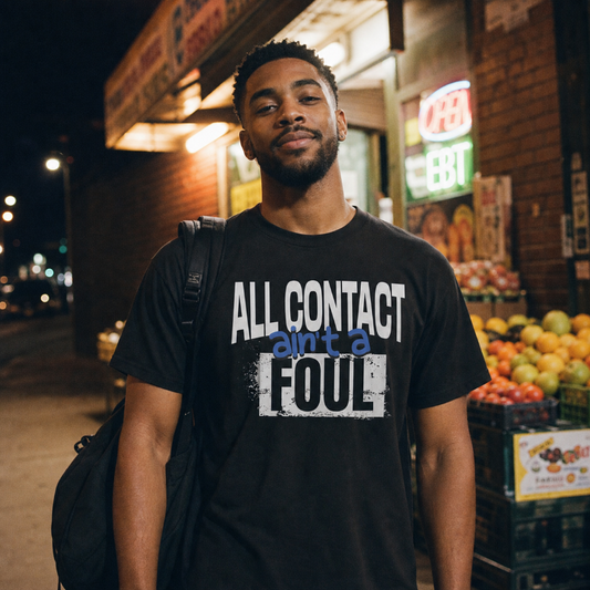 Man wearing the black All Contact Ain't a Foul Tee outside a corner store at night, gym backpack over one shoulder – Ref' Crew basketball referee tee