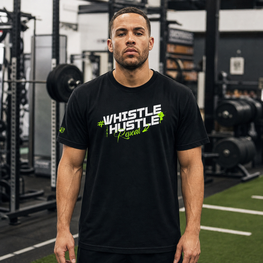 Whistle Hustle design artwork - bold distressed street type with neon green splashes, Ref' Crew