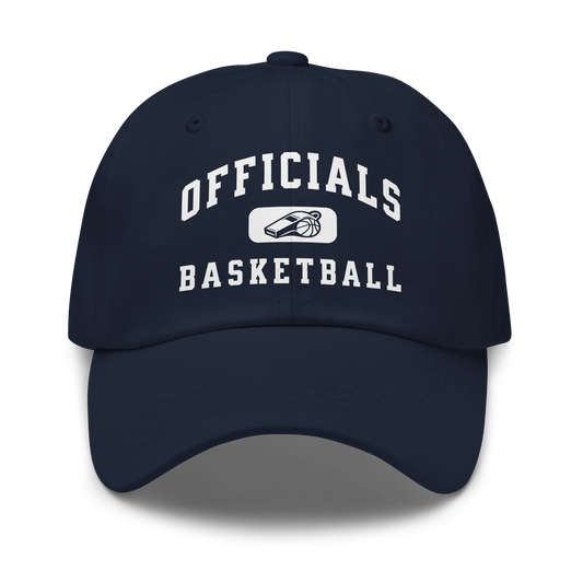 Navy chino cotton twill dad cap for basketball official, "Officials Basketball" with whistle badge, Ref' Crew.