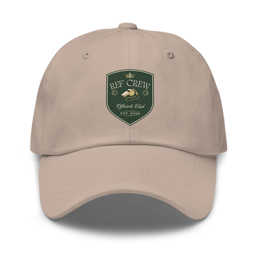Stone chino cotton twill dad cap for basketball officials, featuring a "Ref' Crew Officials Club" shield design.