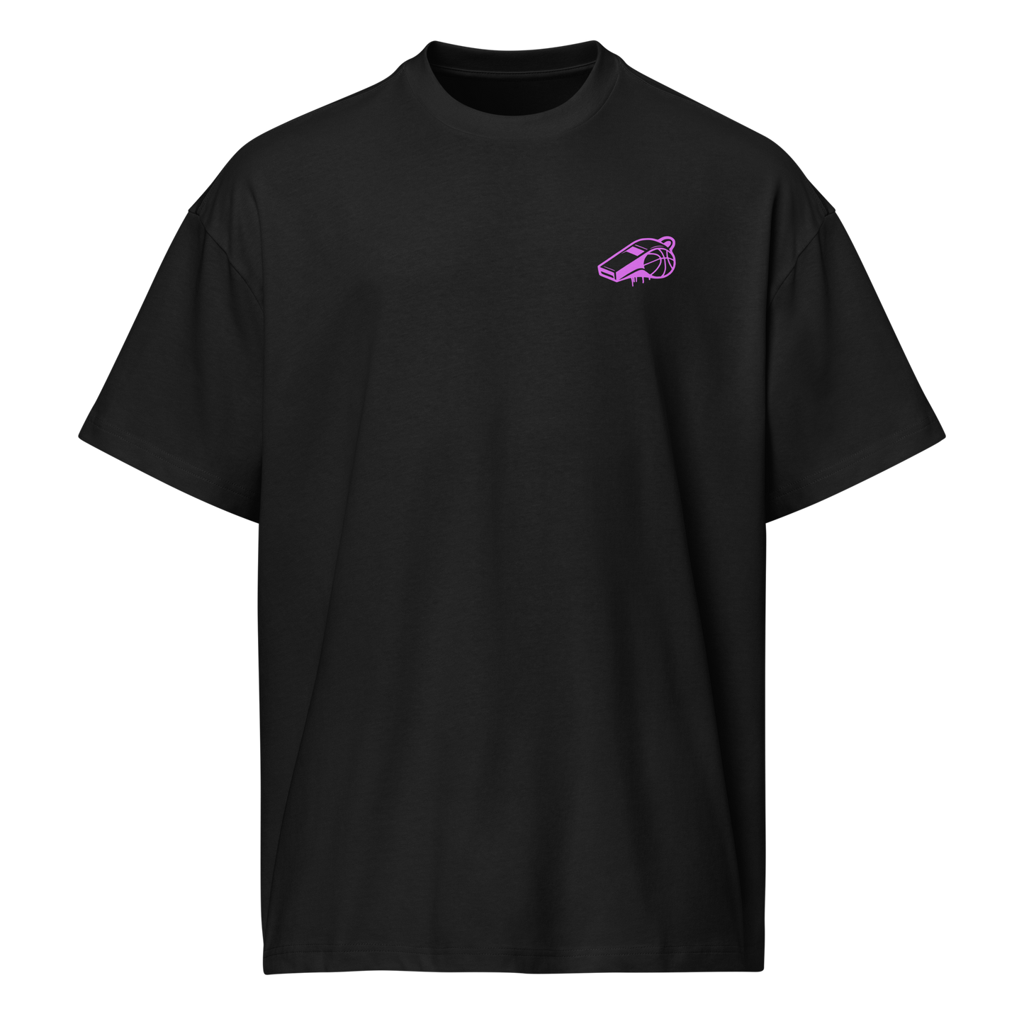 Black oversized cotton tee with lavender whistle + basketball logo, perfect for basketball referees and streetwear.
