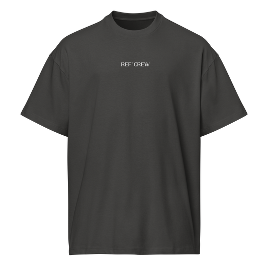 Dark grey premium heavyweight cotton referee t-shirt with subtle "Ref' Crew" embroidery for basketball officials.