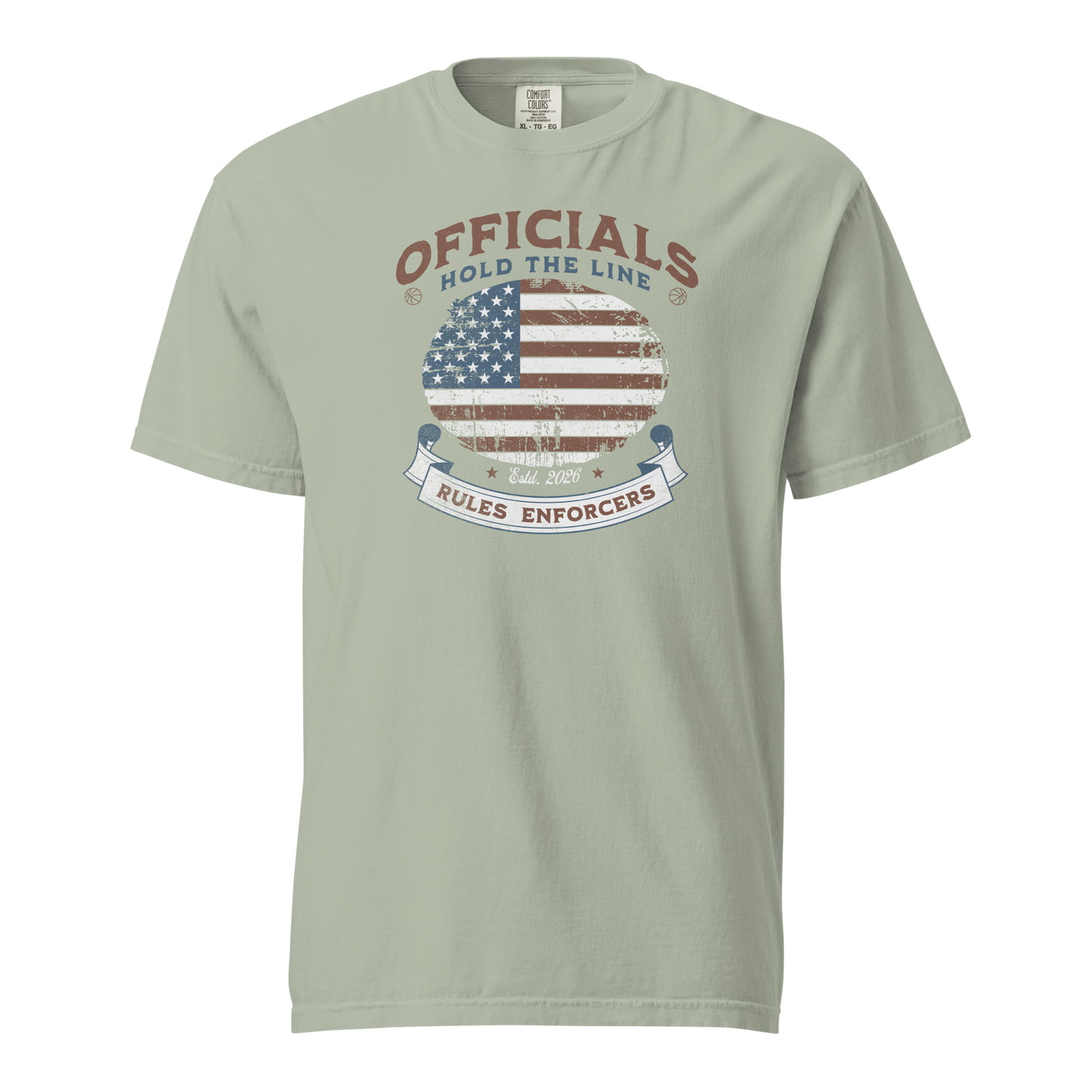 Sage green Comfort Colors tee with distressed American flag "Officials Hold the Line" graphic for referees.