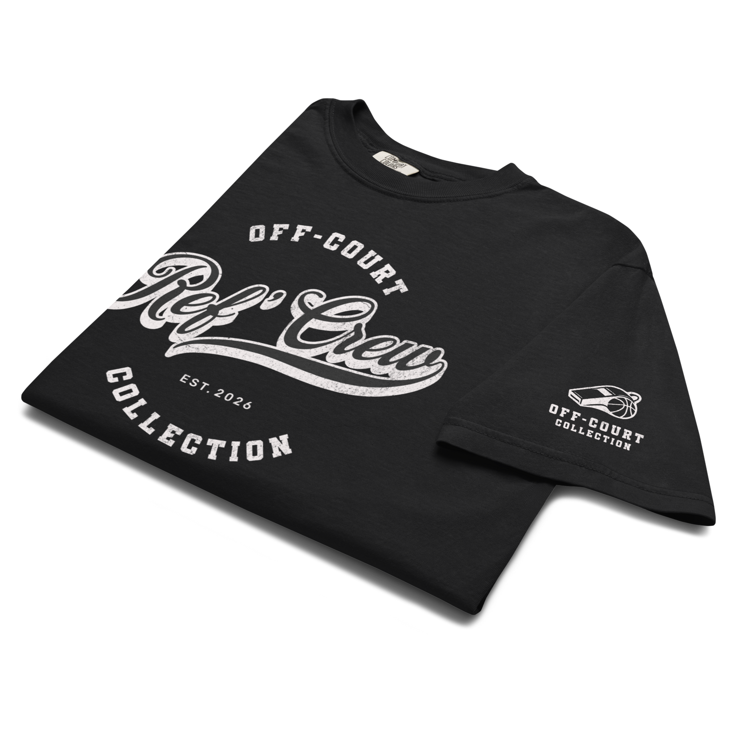 Black Ref' Crew Off-Court Collection vintage tee with distressed white graphic and sleeve logo, premium heavyweight cotton.