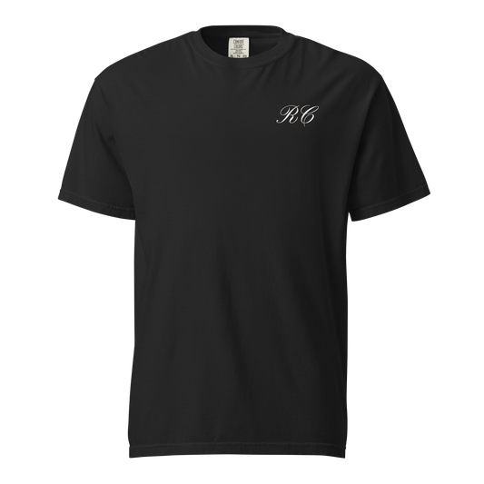Black Comfort Colors referee t-shirt for basketball officials, featuring a white "RC" Ref' Crew monogram.