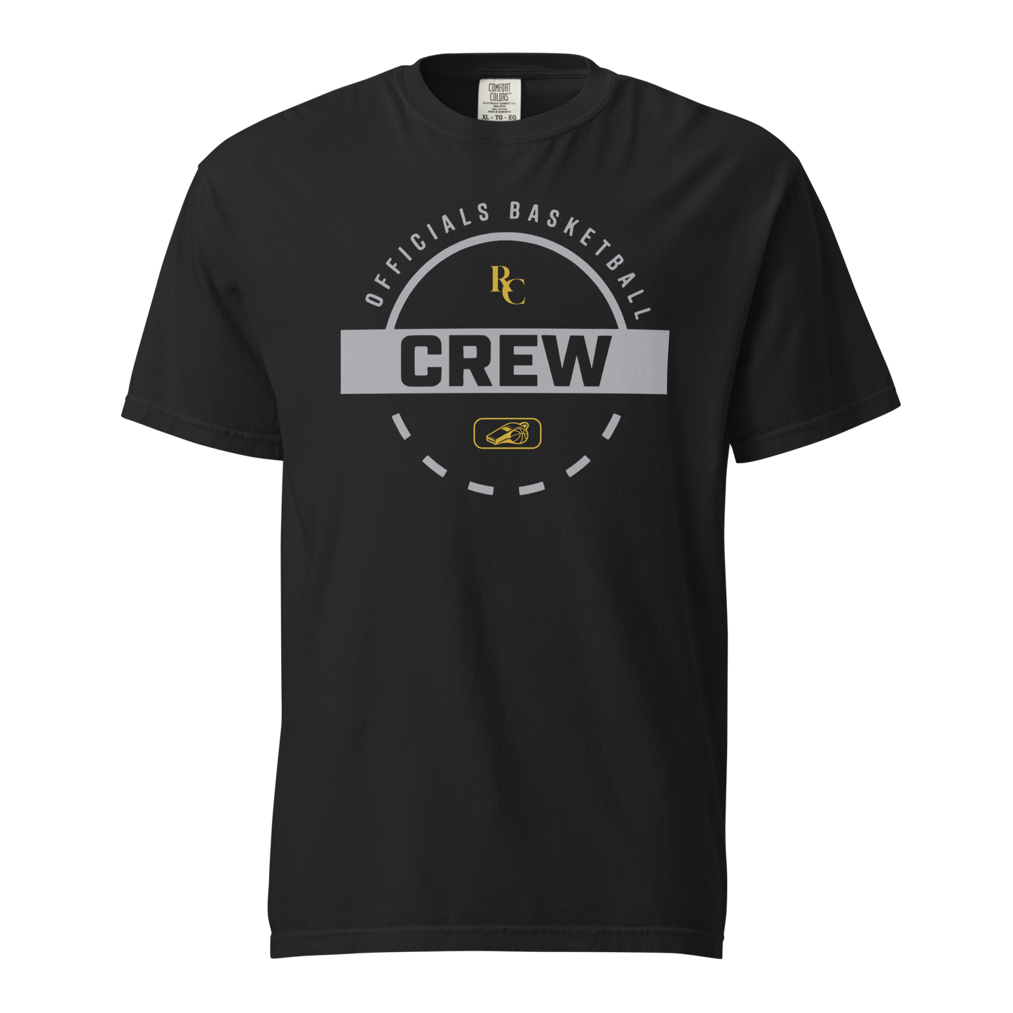 Black garment-dyed heavyweight tee, front view — circular Officials Basketball Crew badge in silver grey with a gold RC monogram and a gold whistle emblem at the center