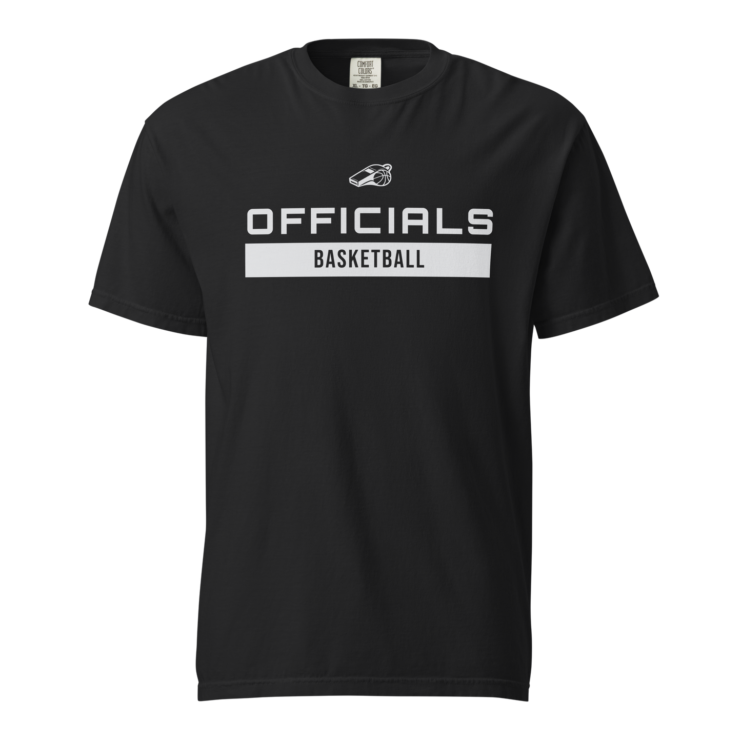Black garment-dyed heavyweight tee, front view — whistle icon above OFFICIALS in bold white block type with BASKETBALL reversed out in a white bar