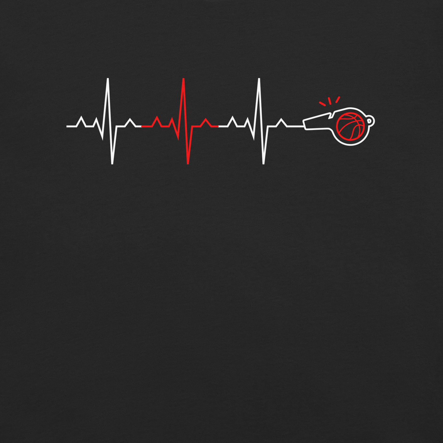 Black Ref' Crew Pulse tee, front view — close look at the white ECG trace, red spike, whistle and basketball with sound bursts