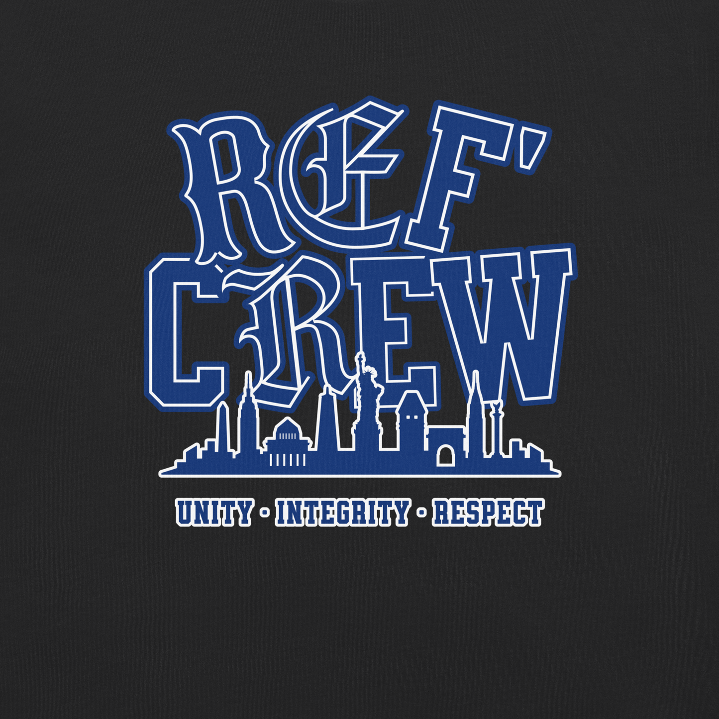 Black Ref' Crew Skyline tee, front view — close look at the blackletter lettering and the skyline with a torch-raising silhouette