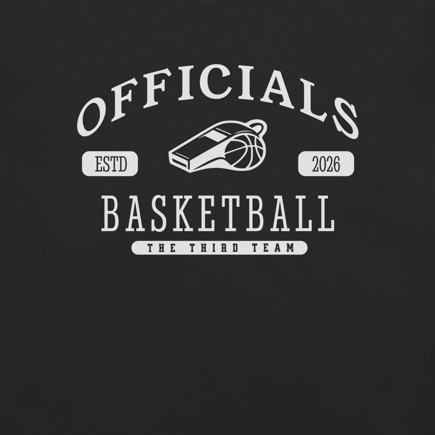 Black Ref' Crew Third Team tee, front view — close look at the varsity lettering, whistle and basketball emblem