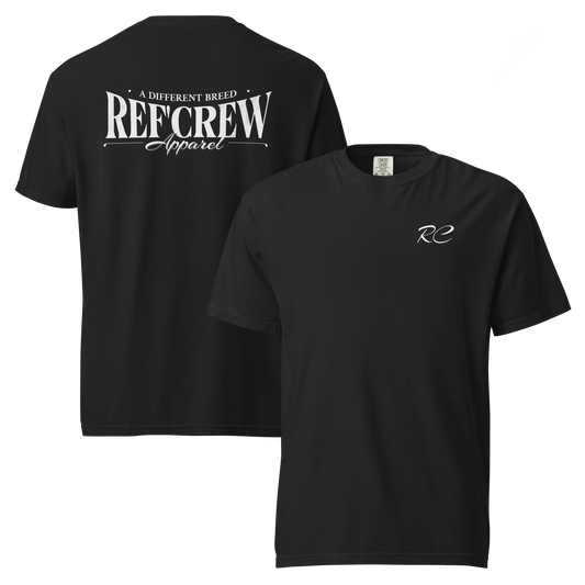 Black Ref' Crew referee t-shirt for basketball officials, featuring distressed RC script front and "A Different Breed" back graphic.