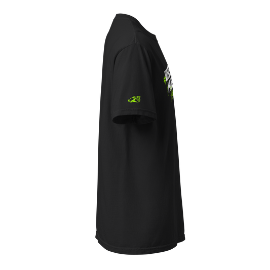 Black Ref' Crew Whistle Hustle referee tee — side view showing the neon green whistle sleeve icon