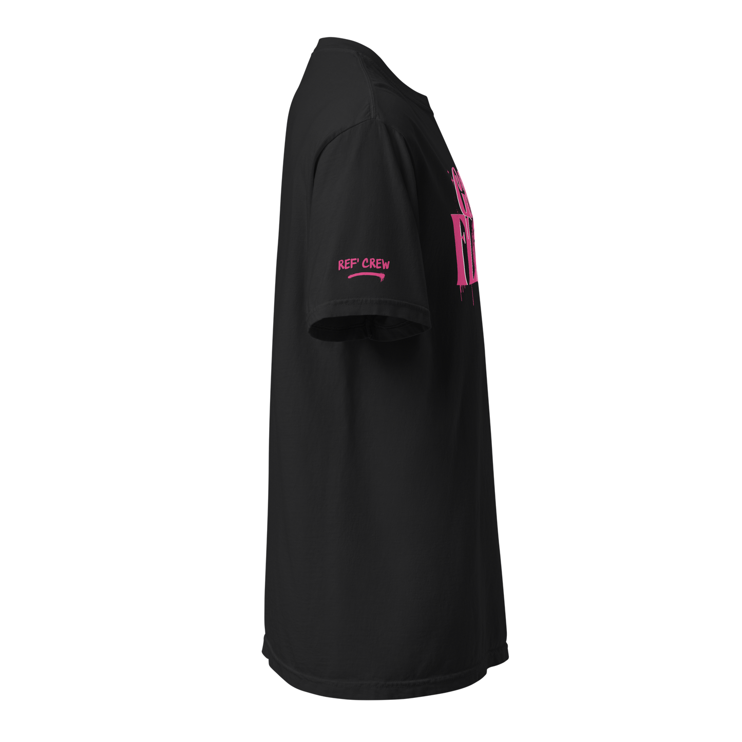 Black Ref' Crew Game Flow Pink Edition referee tee — side view showing the Ref' Crew right sleeve print