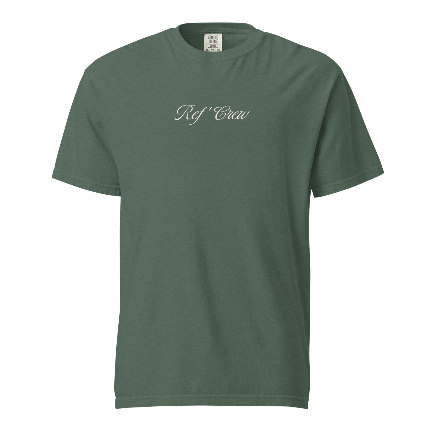 Officials Club Tee: Forest green, heavyweight cotton, "Ref' Crew" script on chest. Premium streetwear for referees.