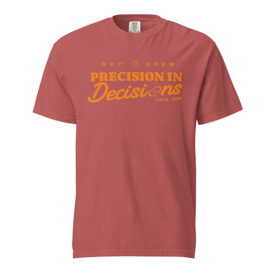 Ref' Crew orange referee t-shirt for basketball officials, "Precision In Decisions" graphic, Comfort Colors cotton.