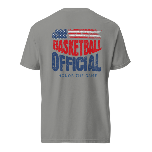 Gray Ref' Crew basketball official referee t-shirt with distressed American flag and "Basketball Official - Honor The Game" text.
