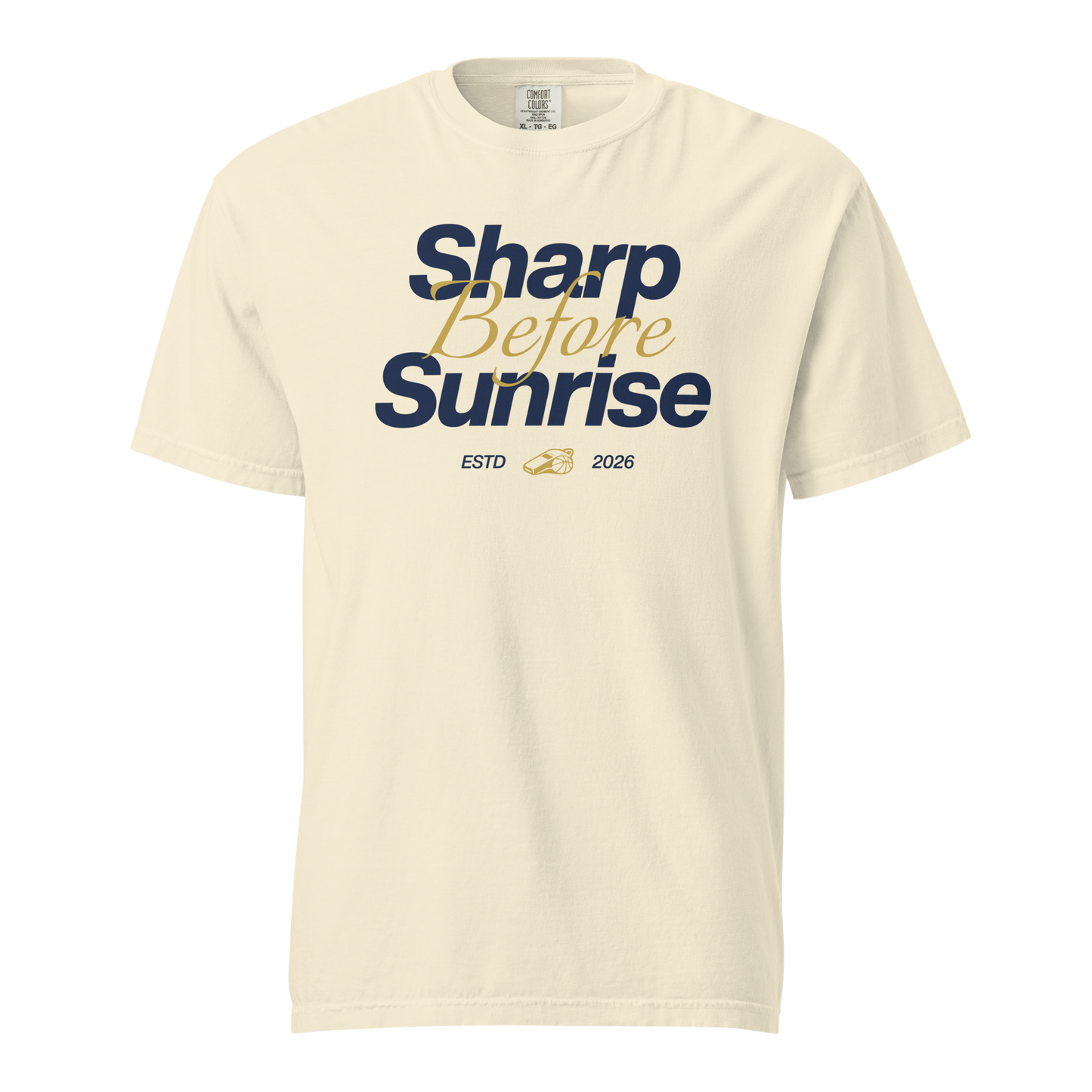 Ref' Crew Sharp Before Sunrise Tee in ivory — navy lettering with gold script accent on garment-dyed heavyweight cotton for early-rising basketball officials