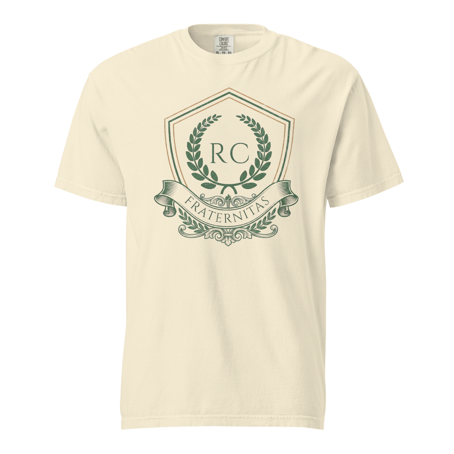 Ivory garment-dyed heavyweight tee, front view — heraldic Ref' Crew crest in forest green and copper with RC monogram, laurel wreath and FRATERNITAS banner