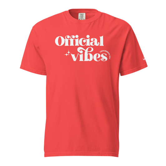 Red Ref' Crew referee t-shirt for basketball officials. Features "Official Vibes" in groovy white typography with sparkle details and a whistle on the sleeve.