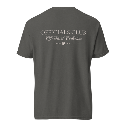 Back of a charcoal gray Ref' Crew Officials Club referee t-shirt for basketball official.