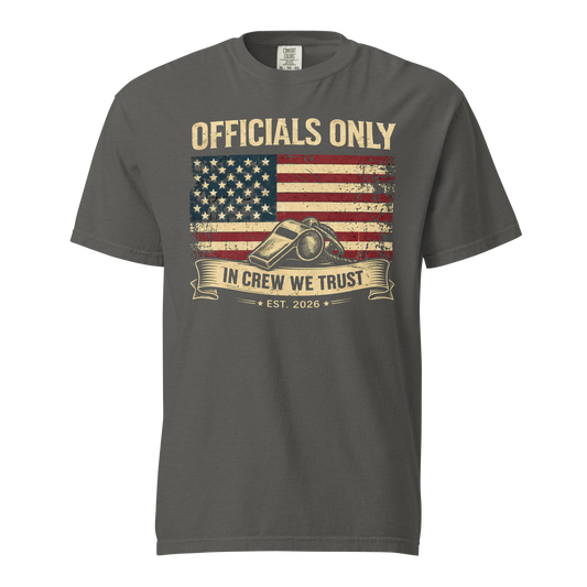 Charcoal gray referee t-shirt for basketball officials with a distressed US flag, whistle, and "In Crew We Trust" Ref' Crew design.