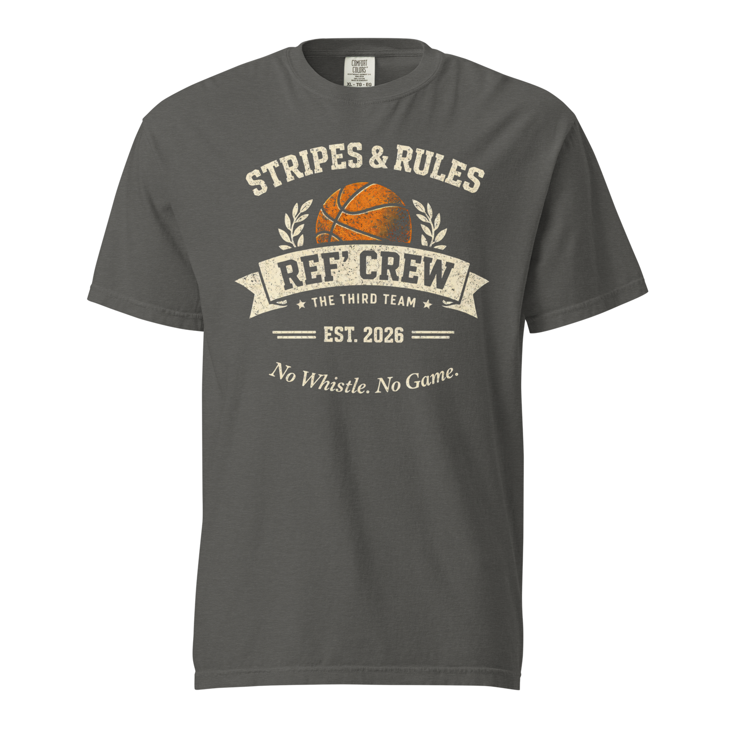 Charcoal Comfort Colors "Stripes & Rules Ref' Crew" vintage basketball tee with distressed graphic.