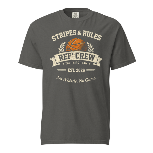 Charcoal gray "Ref' Crew" referee t-shirt for basketball officials, featuring a distressed vintage "Stripes & Rules" graphic.