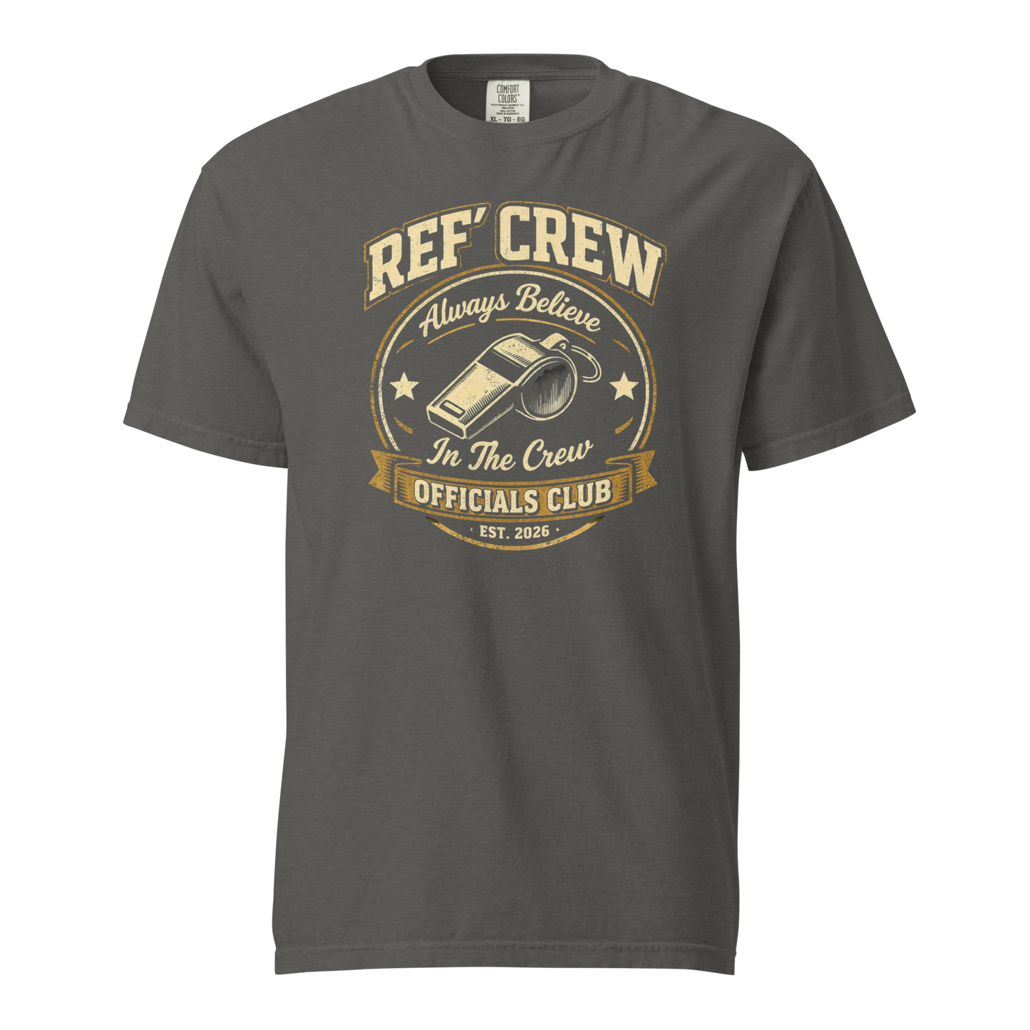 Charcoal grey Comfort Colors tee with vintage "Ref' Crew Officials Club" badge and whistle graphic.