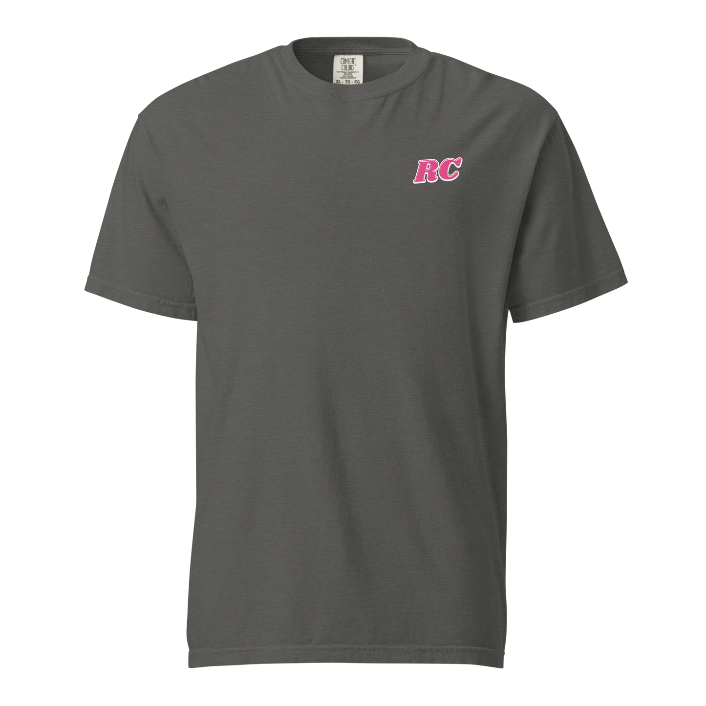 Unisex garment-dyed heavyweight black t-shirt with a pink "RC" logo, perfect for officials.