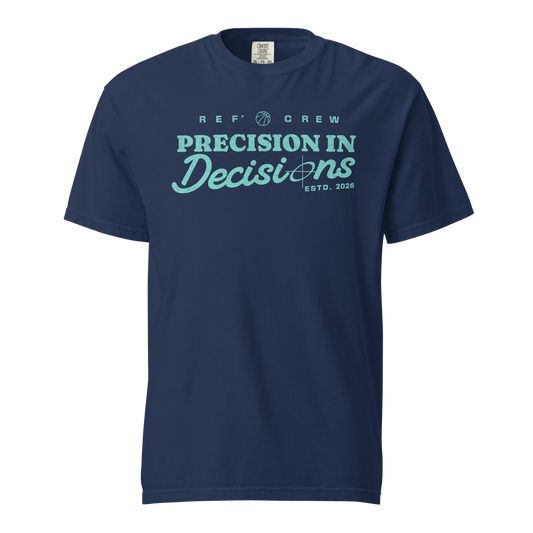 Ref' Crew navy referee t-shirt for basketball officials with "Precision In Decisions" mint graphic.