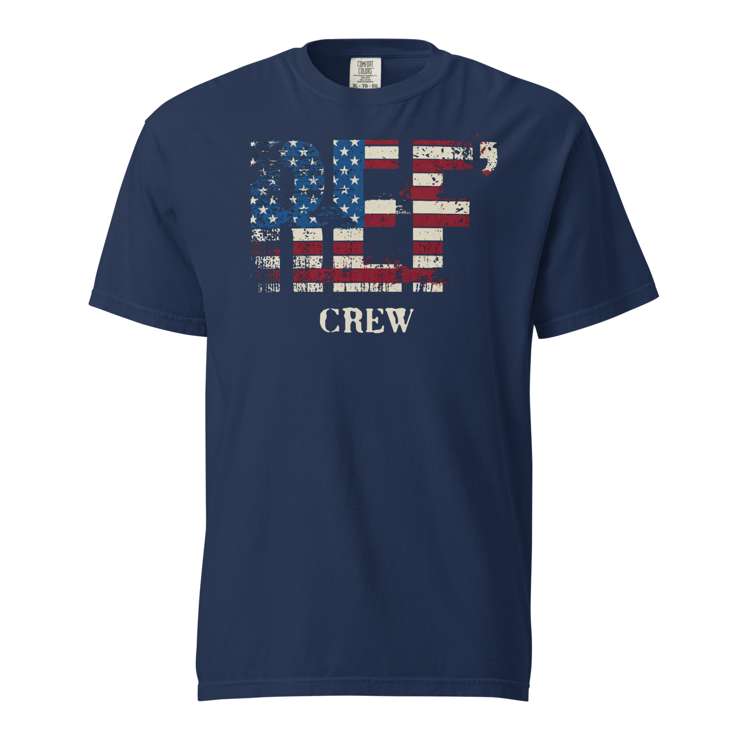 Navy Comfort Colors tee with distressed American flag "REF' CREW" graphic for basketball officials.
