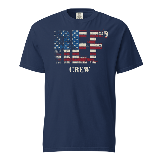Navy blue referee t-shirt for basketball official, featuring a distressed American flag "REF' CREW" design.