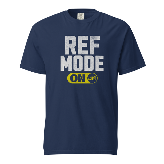 Navy Comfort Colors referee t-shirt for basketball official with "REF MODE ON" and Ref' Crew whistle graphic.