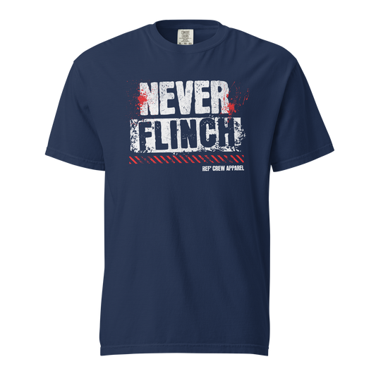 Navy "Never Flinch" referee t-shirt for basketball official, Ref' Crew Apparel, with distressed white text and red splatter.