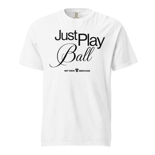 White Ref' Crew "Just Play Ball" referee t-shirt for basketball official, 100% cotton.
