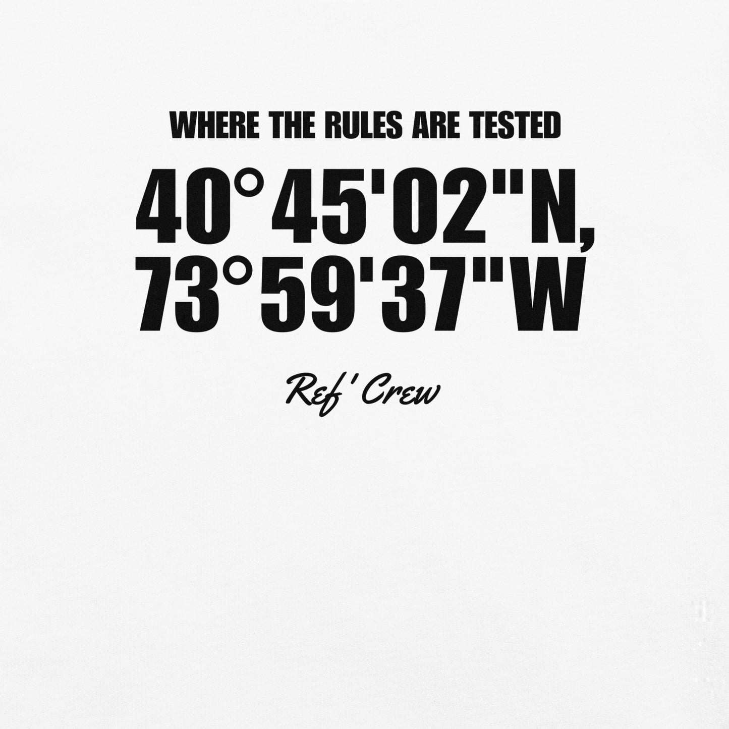 White Ref' Crew Coordinates tee, front view — close look at the condensed lettering and oversized coordinates