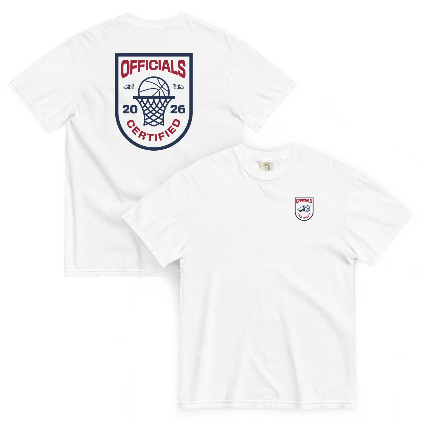 White Ref' Crew Officials Certified tee shown front and back — small chest crest and full back badge