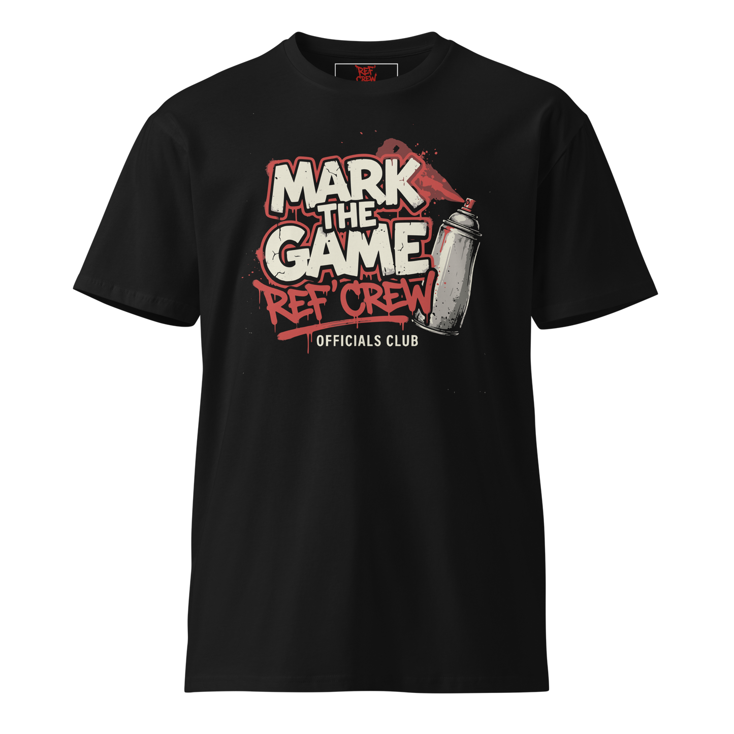 Black "Mark The Game Ref Crew" tee with graffiti-style graphic, spray can, and urban typography.