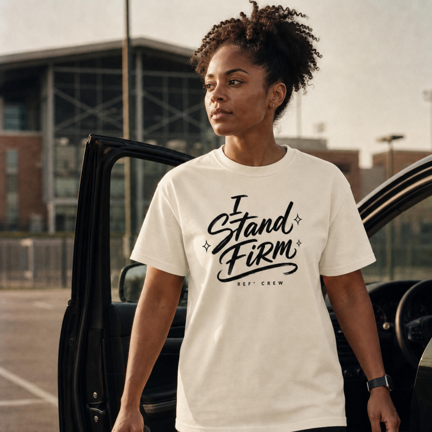 Woman stepping out of a car wearing the Ref' Crew "I Stand Firm" Brush Edition tee in Ivory outside the arena