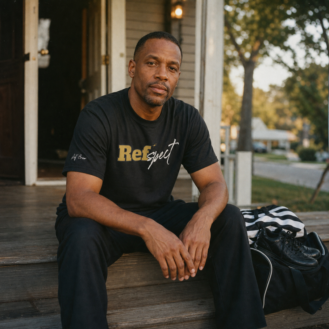 Basketball referee sitting on a porch step at golden hour wearing the black Refspect Tee, his striped officiating jersey and kit bag beside him – Ref' Crew