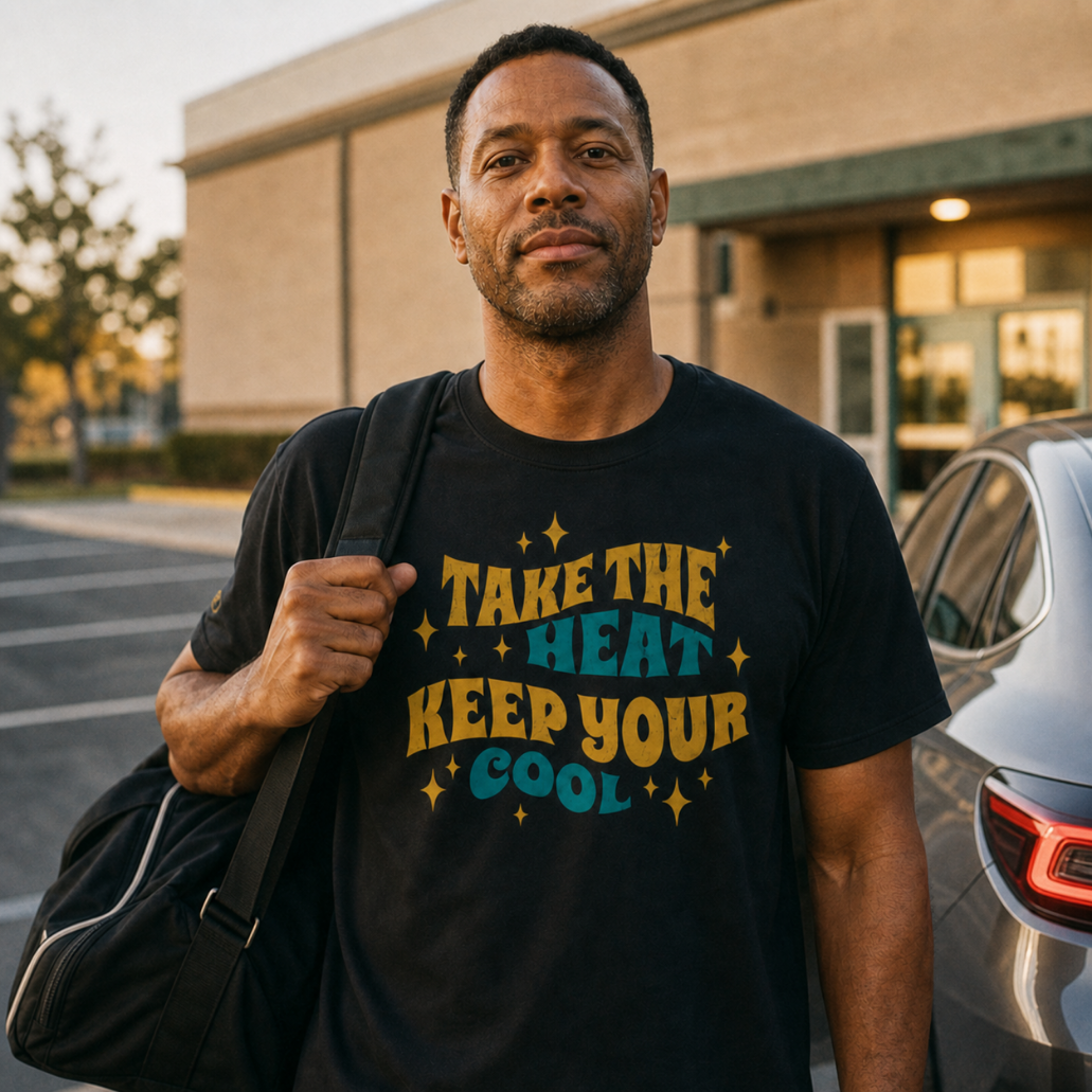 The Keep Your Cool Retro Edition design artwork - groovy 70s distressed typography in mustard and teal, Ref' Crew