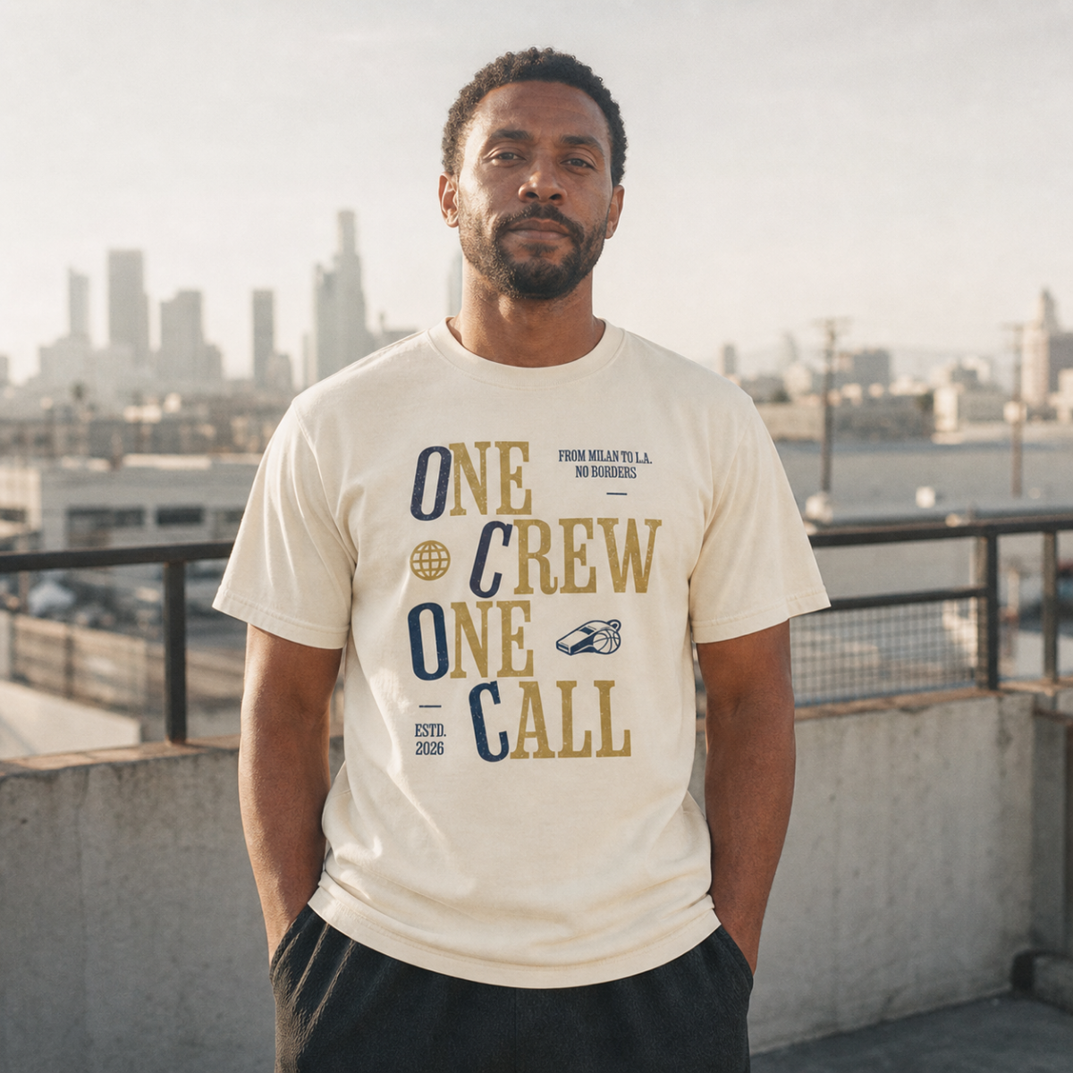 One Crew One Call design artwork - stacked gold varsity lettering with globe icon and RC whistle badge, ESTD 2026