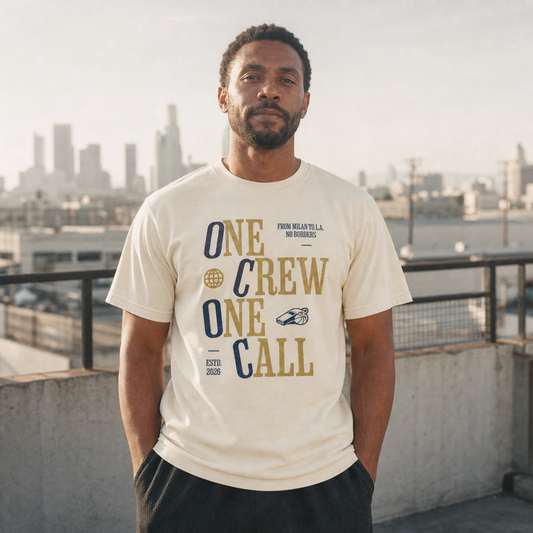 One Crew One Call design artwork - stacked gold varsity lettering with globe icon and RC whistle badge, ESTD 2026