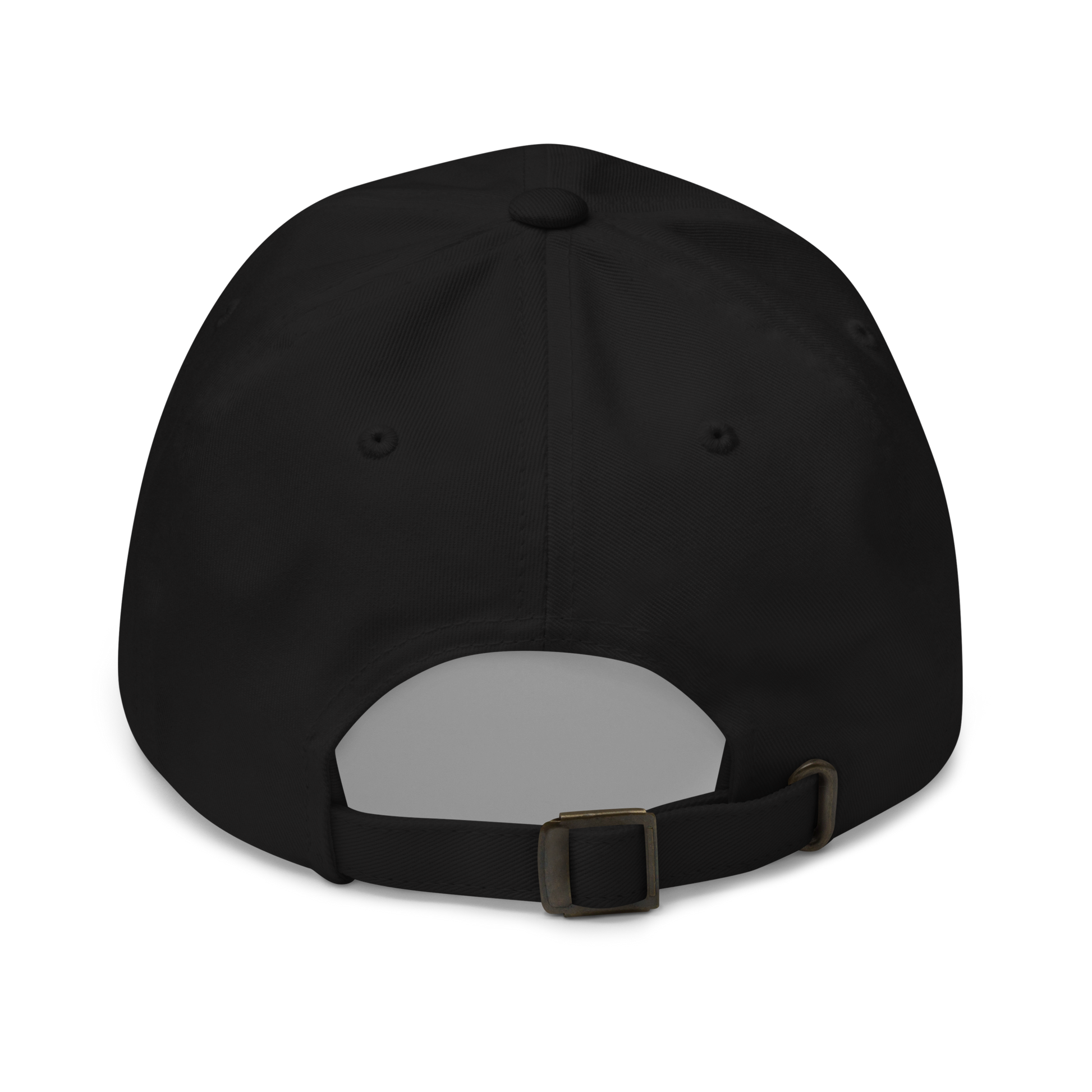 Black chino cotton twill dad cap, unstructured, low-profile, with an adjustable strap and bronze buckle.