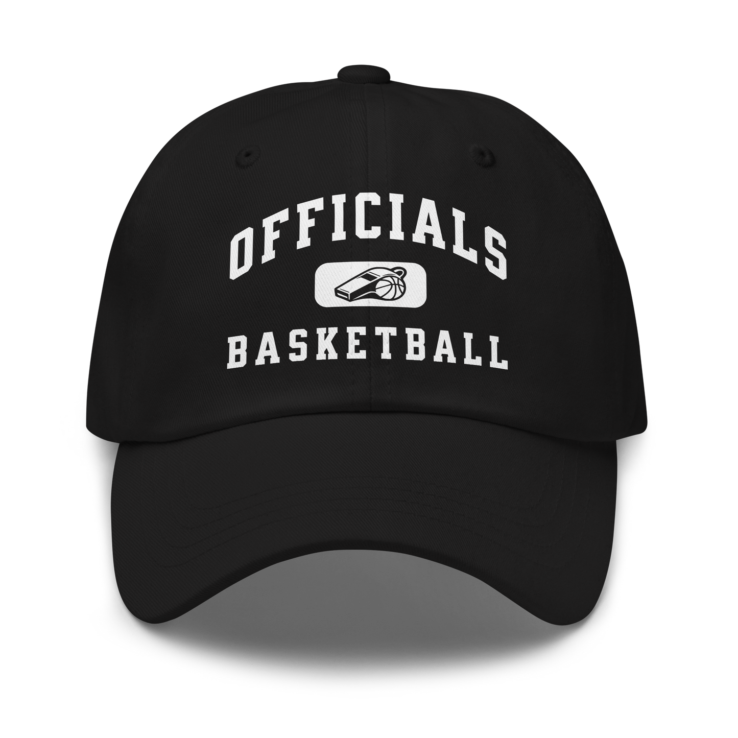 Black chino cotton twill dad cap with "OFFICIALS BASKETBALL" and whistle graphic, perfect for referees.