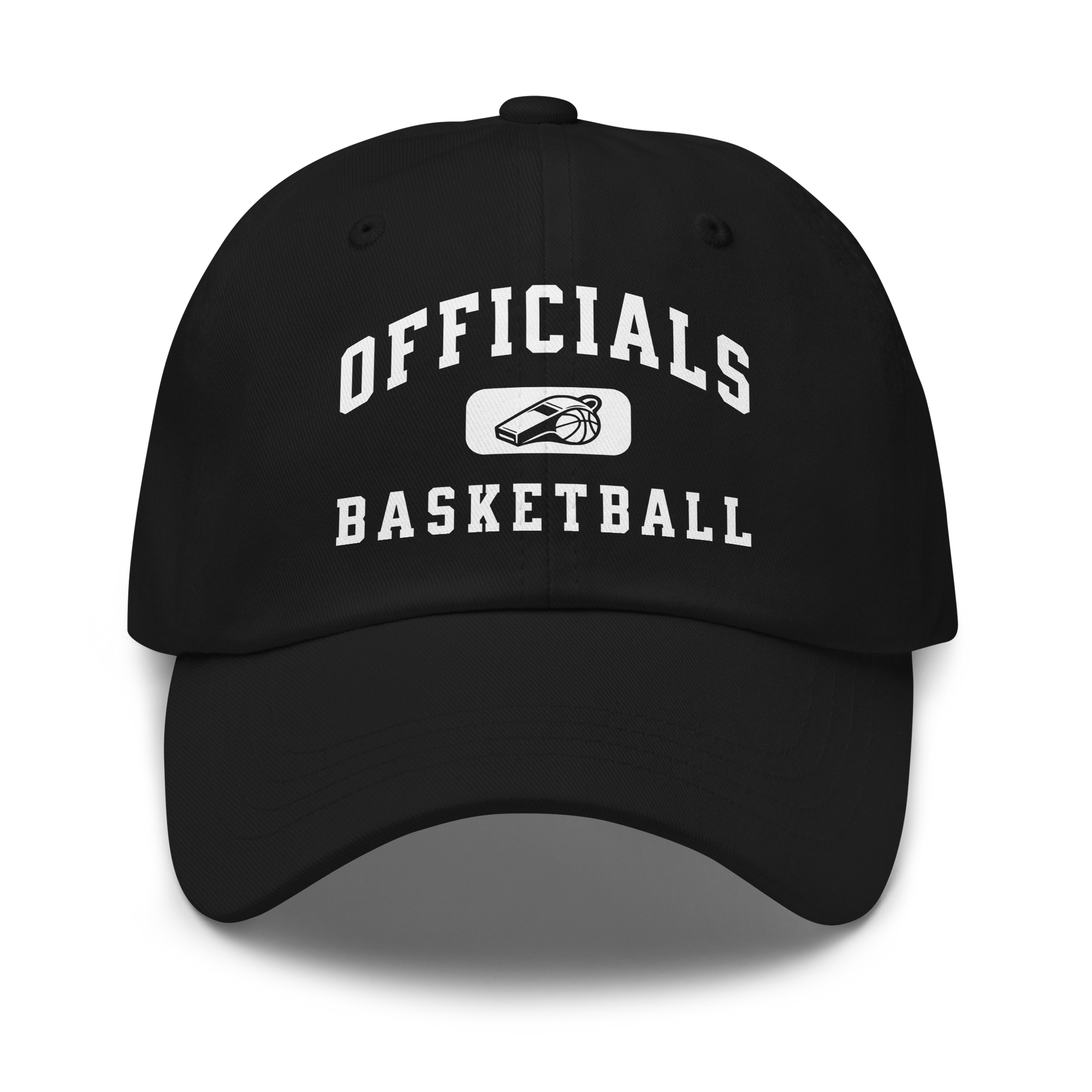 Black chino cotton twill dad cap with "OFFICIALS BASKETBALL" and whistle graphic, perfect for referees.