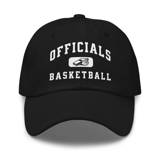 Black chino cotton twill dad cap with "OFFICIALS BASKETBALL" and whistle graphic, perfect for referees.