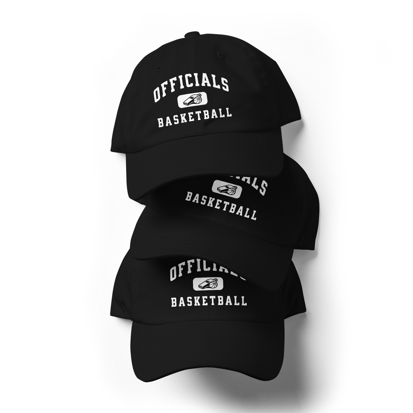 Black chino cotton twill dad cap with "OFFICIALS BASKETBALL" and whistle graphic, stacked for officials.