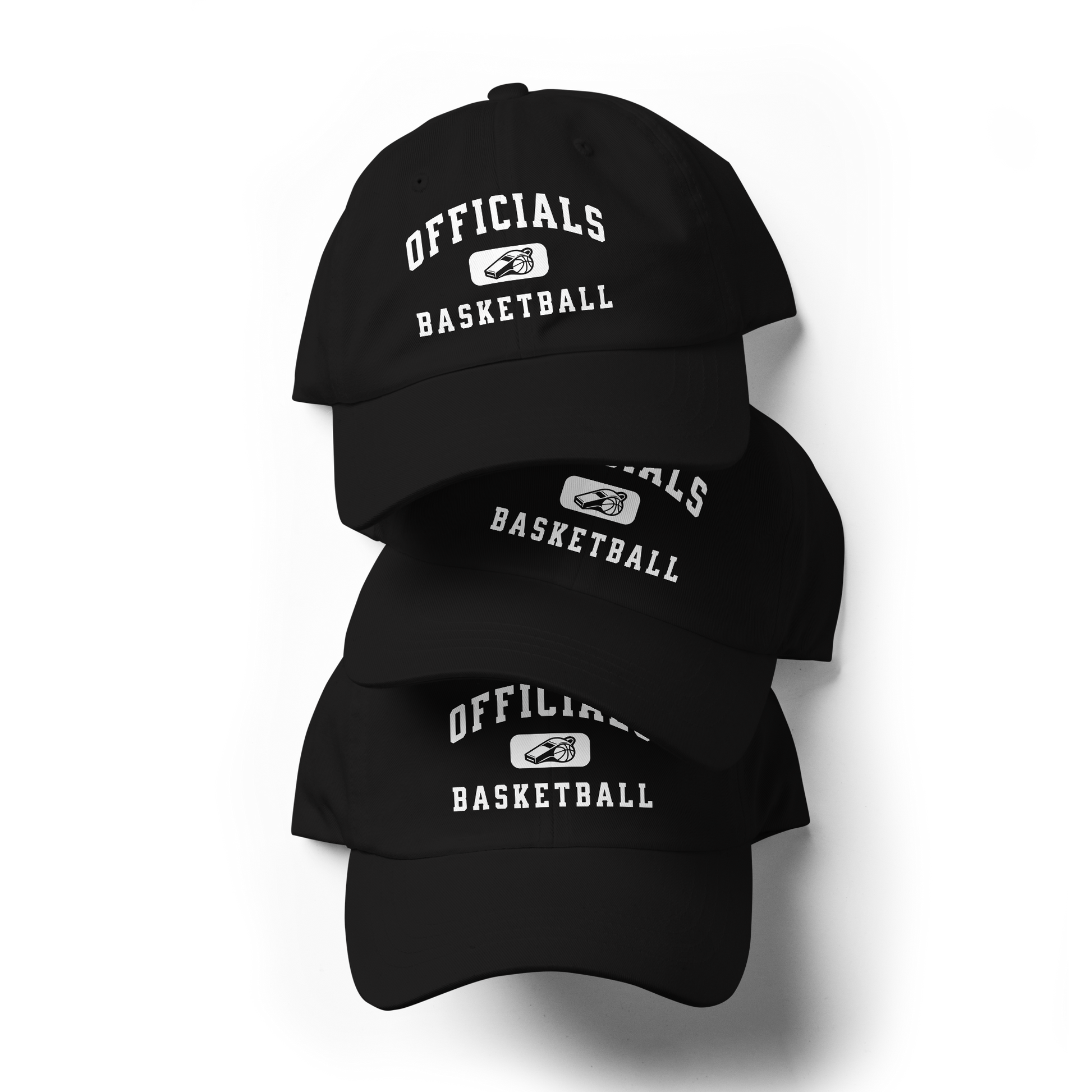Black chino cotton twill dad cap with "OFFICIALS BASKETBALL" and whistle graphic, stacked for officials.