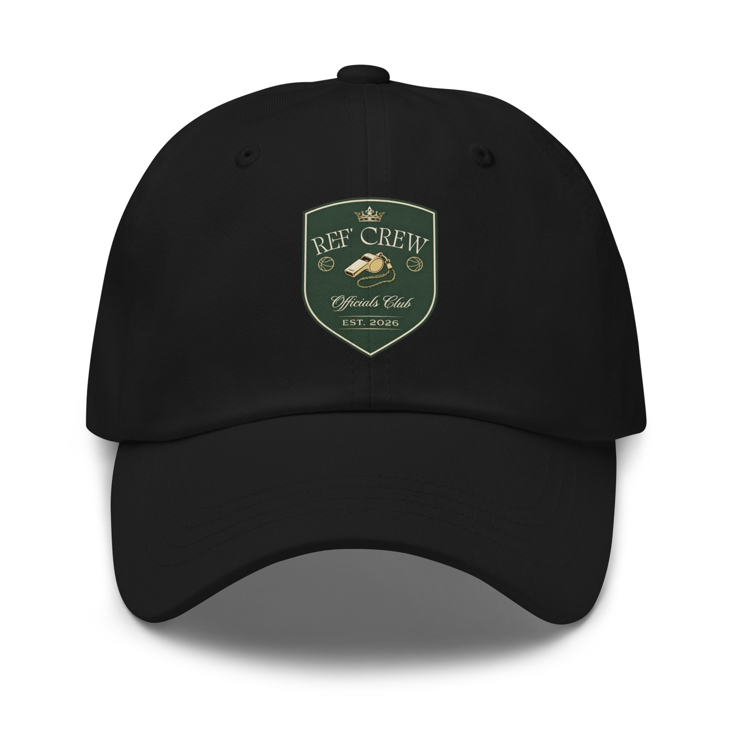 Black Ref' Crew Officials Club dad cap with vintage heraldic shield, gold whistle, and crown.